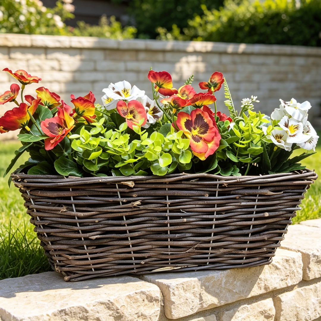 Best Artificial Pre-Made 40cm Pansy Flower Arrangement in Rattan Wicker Trough Pot - Suitable For Outside Use