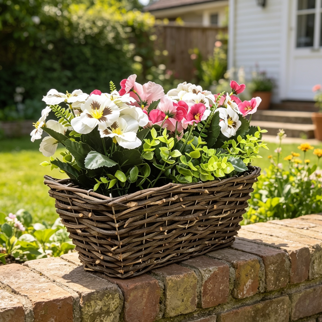 Best Artificial Pre-Made 40cm Pansy Flower Arrangement in Rattan Wicker Trough Pot - Suitable For Outside Use