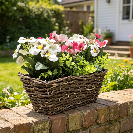 Best Artificial Pre-Made 40cm Pansy Flower Arrangement in Rattan Wicker Trough Pot - Suitable For Outside Use