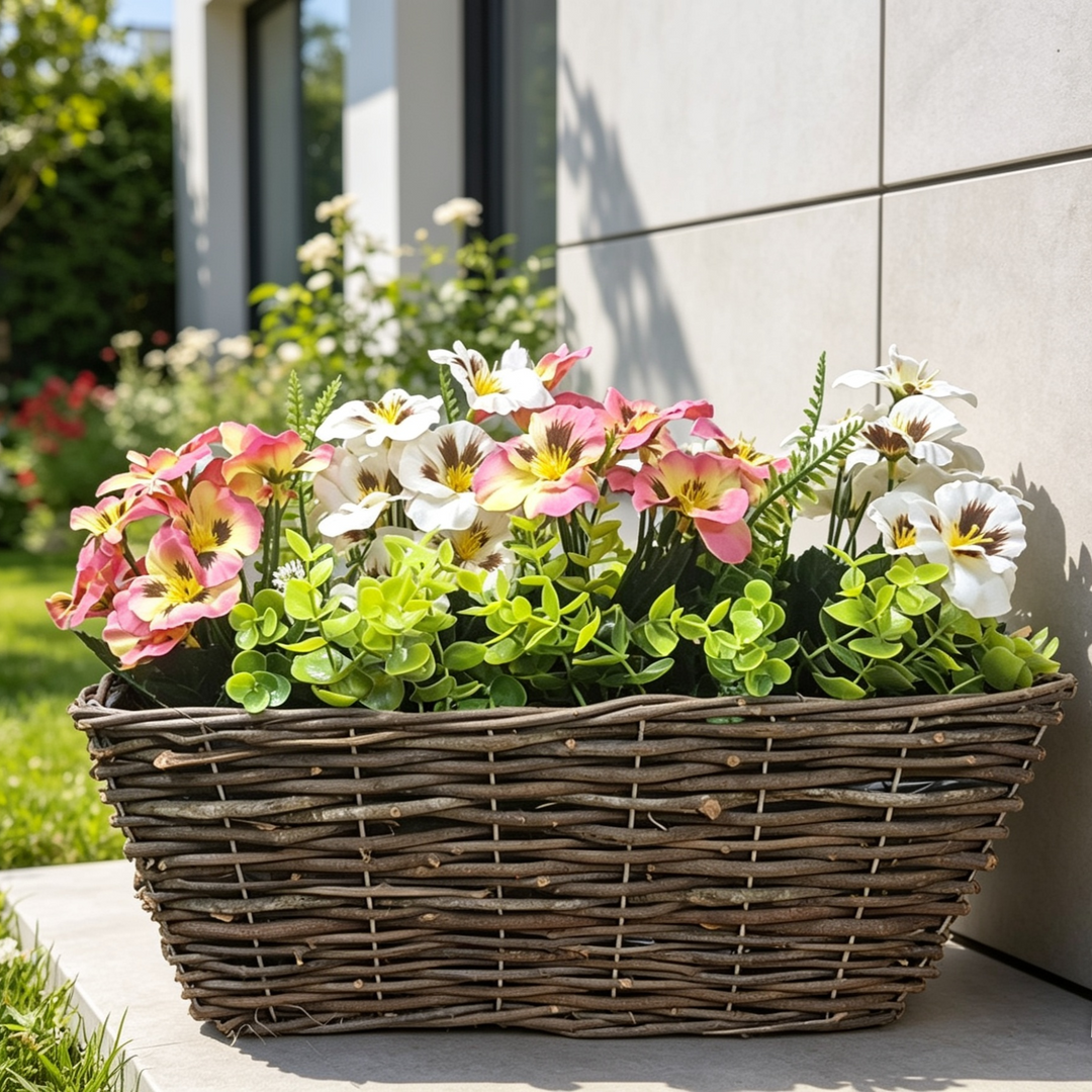 Best Artificial Pre-Made 40cm Pansy Flower Arrangement in Rattan Wicker Trough Pot - Suitable For Outside Use