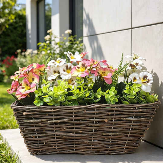Best Artificial Pre-Made 40cm Pansy Flower Arrangement in Rattan Wicker Trough Pot - Suitable For Outside Use