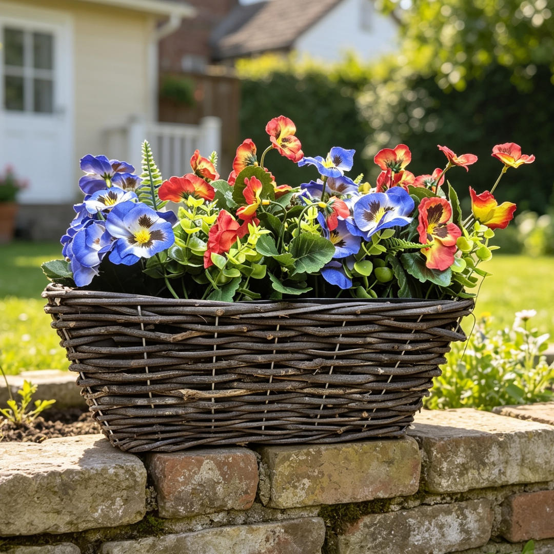 Best Artificial Pre-Made 40cm Pansy Flower Arrangement in Rattan Wicker Trough Pot - Suitable For Outside Use