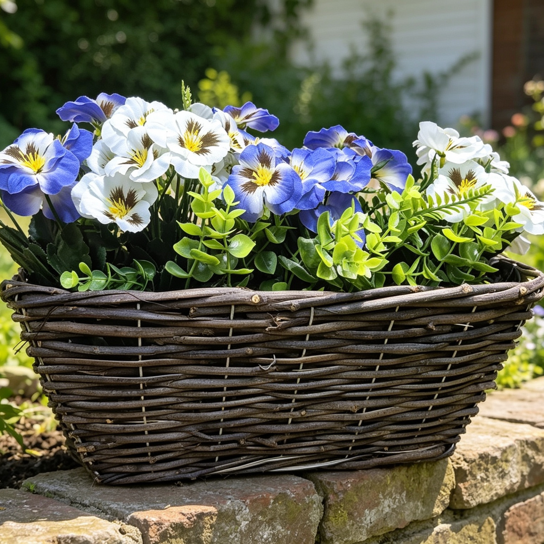 Best Artificial Pre-Made 40cm Pansy Flower Arrangement in Rattan Wicker Trough Pot - Suitable For Outside Use