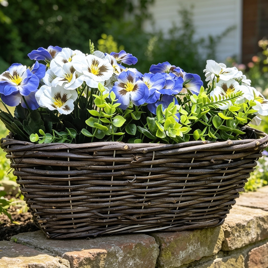 Best Artificial Pre-Made 40cm Pansy Flower Arrangement in Rattan Wicker Trough Pot - Suitable For Outside Use