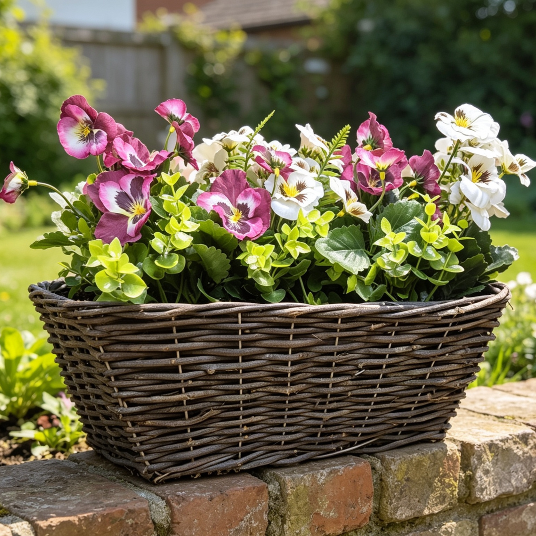Best Artificial Pre-Made 40cm Pansy Flower Arrangement in Rattan Wicker Trough Pot - Suitable For Outside Use