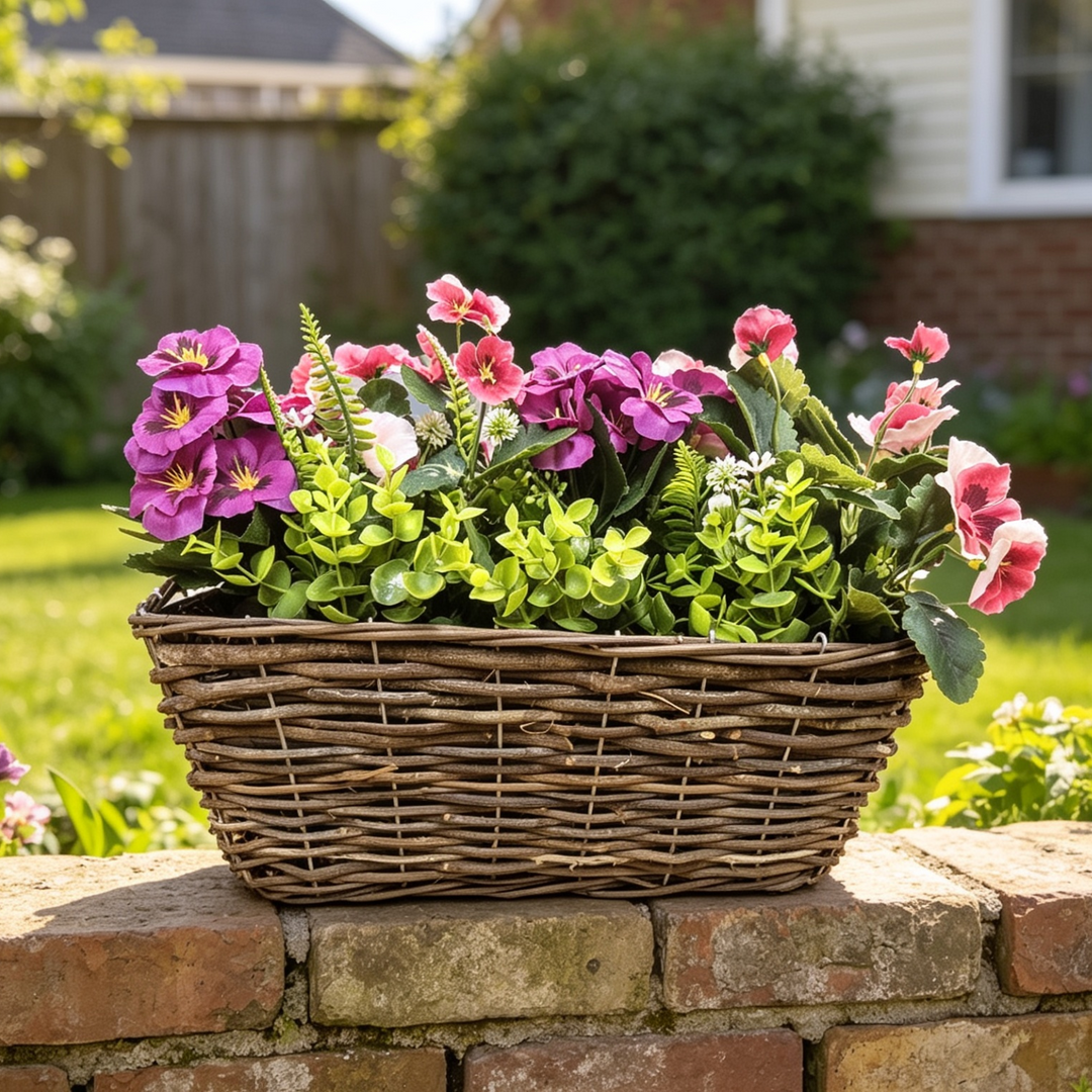 Best Artificial Pre-Made 40cm Pansy Flower Arrangement in Rattan Wicker Trough Pot - Suitable For Outside Use