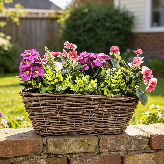 Best Artificial Pre-Made 40cm Pansy Flower Arrangement in Rattan Wicker Trough Pot - Suitable For Outside Use