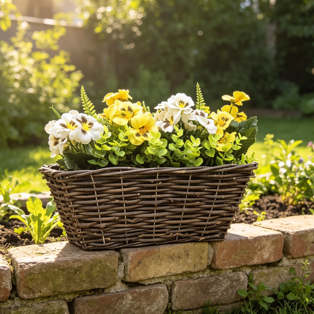 Best Artificial Pre-Made 40cm Pansy Flower Arrangement in Rattan Wicker Trough Pot - Suitable For Outside Use