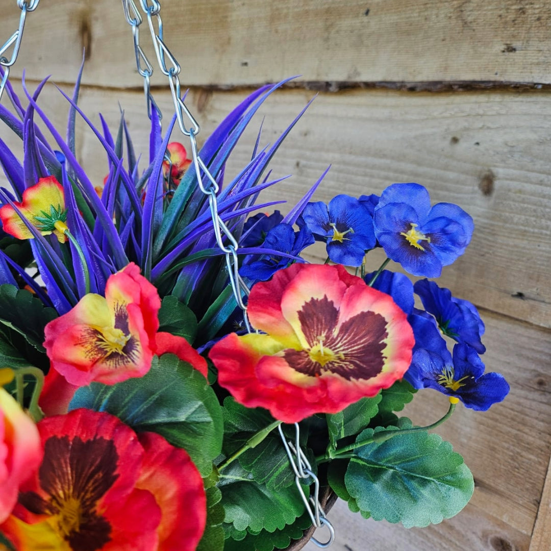 Pair of Best Artificial 30cm Pansy Flower Displays in 10" Wicker Rattan Cone Baskets - Suitable for Outdoor, Indoor and Garden (Lilac & Flame Red)