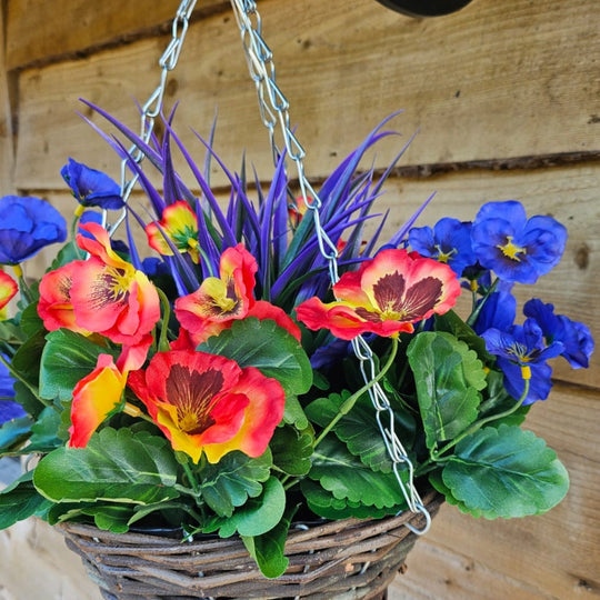 Pair of Best Artificial 30cm Pansy Flower Displays in 10" Wicker Rattan Cone Baskets - Suitable for Outdoor, Indoor and Garden (Lilac & Flame Red)
