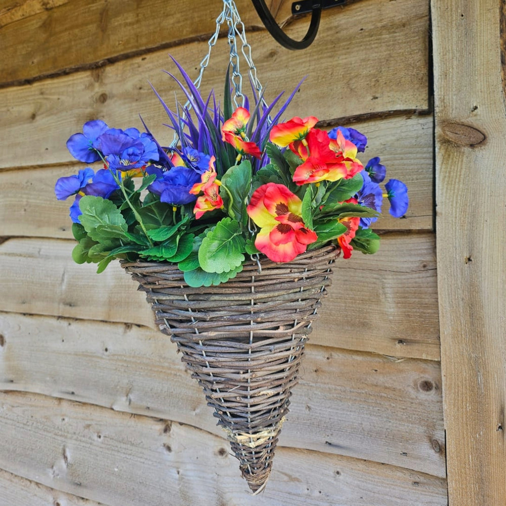 Pair of Best Artificial 30cm Pansy and Geranium Flower Displays in 10" Wicker Rattan Cone Baskets - Suitable for Outdoor, Indoor and Garden