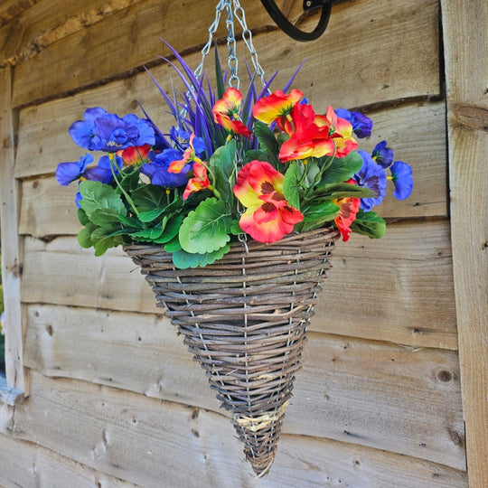 Pair of Best Artificial 30cm Pansy Flower Displays in 10" Wicker Rattan Cone Baskets - Suitable for Outdoor, Indoor and Garden (Lilac & Flame Red)