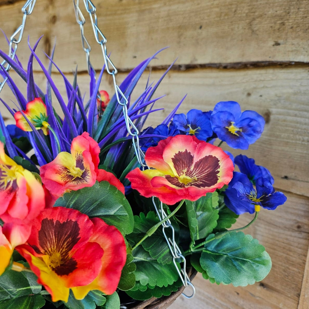 Pair of Best Artificial 30cm Pansy Flower Displays in 10" Wicker Rattan Cone Baskets - Suitable for Outdoor, Indoor and Garden (Lilac & Flame Red)