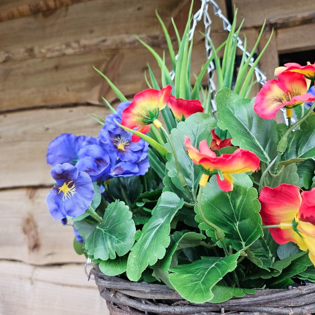 Pair Of Best Artificial 10 inch Pansy Hanging Baskets - Suitable for Outdoor Use - Weather Resistant (Lilac & Flame Red)