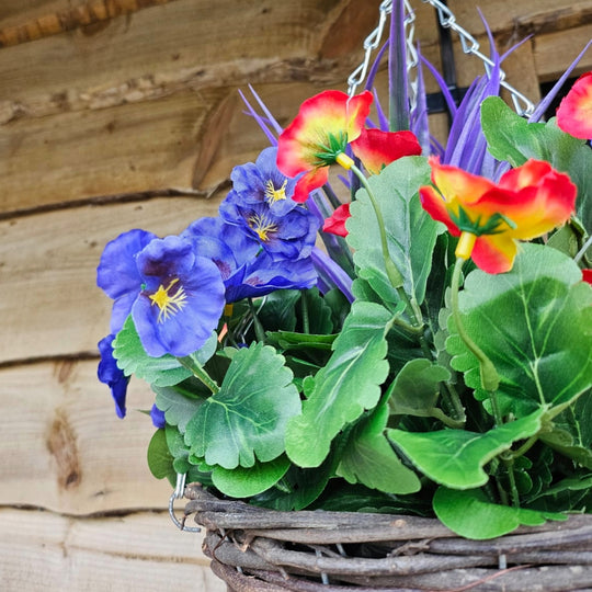 Pair Of Best Artificial 10 inch Pansy Hanging Baskets - Suitable for Outdoor Use - Weather Resistant (Lilac & Flame Red)