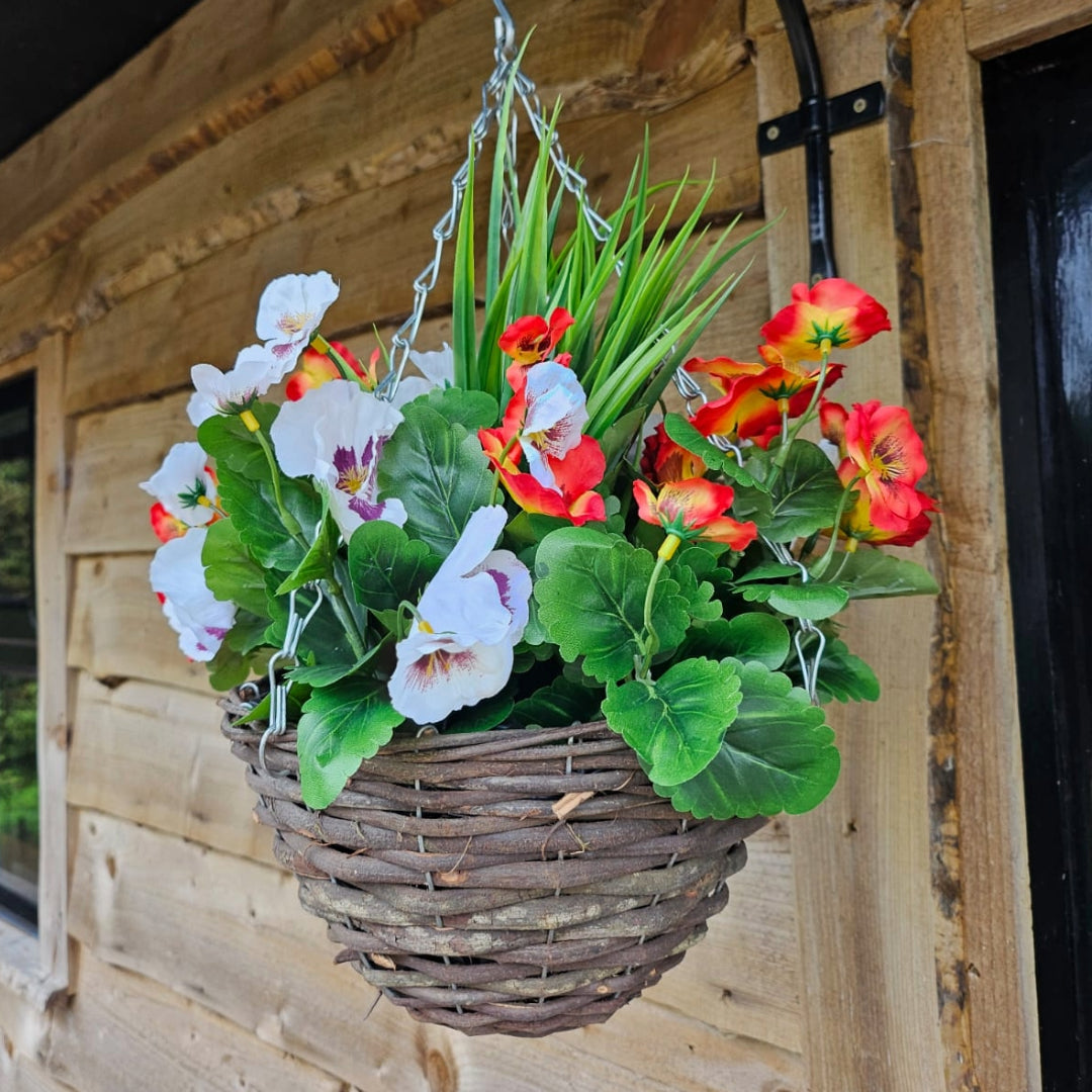 Pair Of Best Artificial 10 inch Pansy Hanging Baskets - Suitable for Outdoor Use - Weather Resistant (Flame Red & White)
