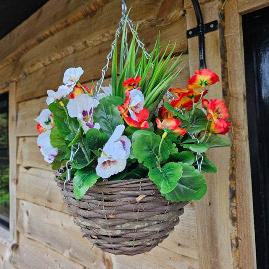 Pair Of Best Artificial 10 inch Pansy Hanging Baskets - Suitable for Outdoor Use - Weather Resistant (Flame Red & White)