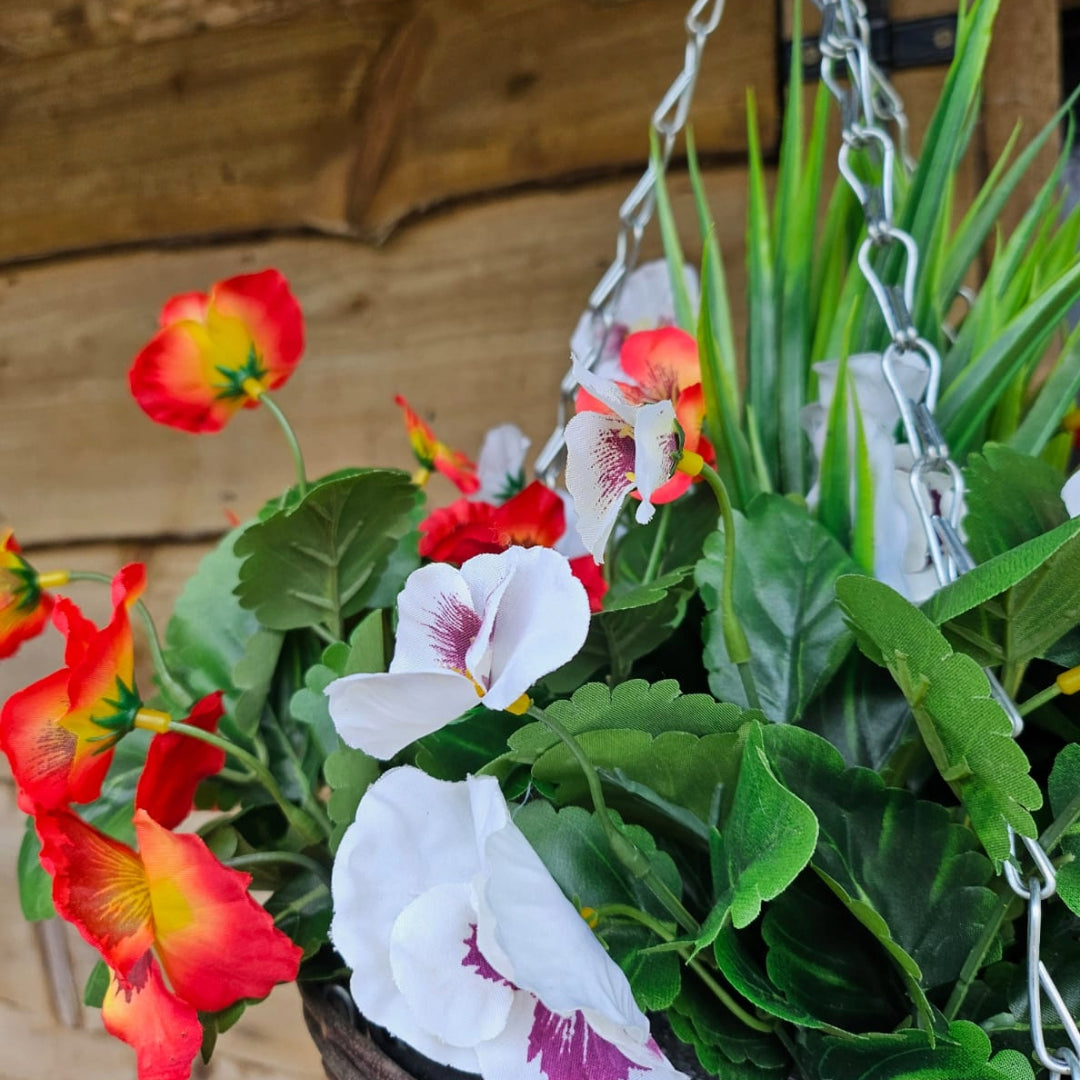 Pair Of Best Artificial 10 inch Pansy Hanging Baskets - Suitable for Outdoor Use - Weather Resistant (Flame Red & White)