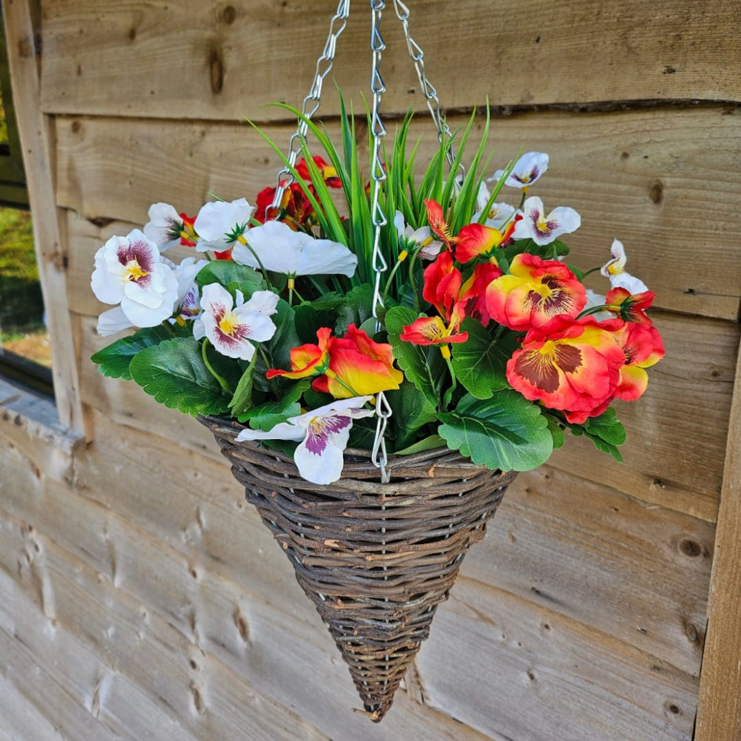 Pair of Best Artificial 30cm Pansy Flower Displays in 10" Wicker Rattan Cone Baskets - Suitable for Outdoor, Indoor and Garden (Flame Red & White)