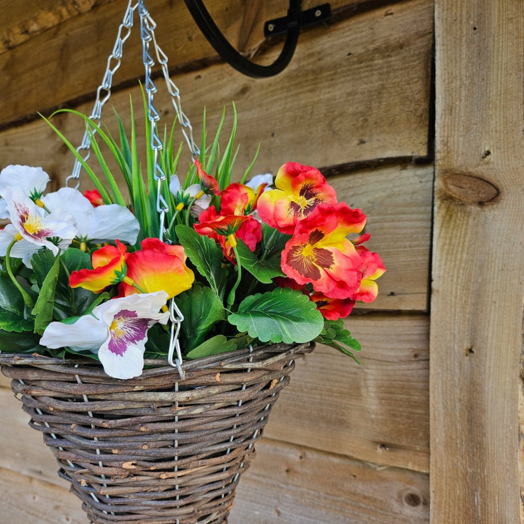 Pair of Best Artificial 30cm Pansy Flower Displays in 10" Wicker Rattan Cone Baskets - Suitable for Outdoor, Indoor and Garden (Flame Red & White)
