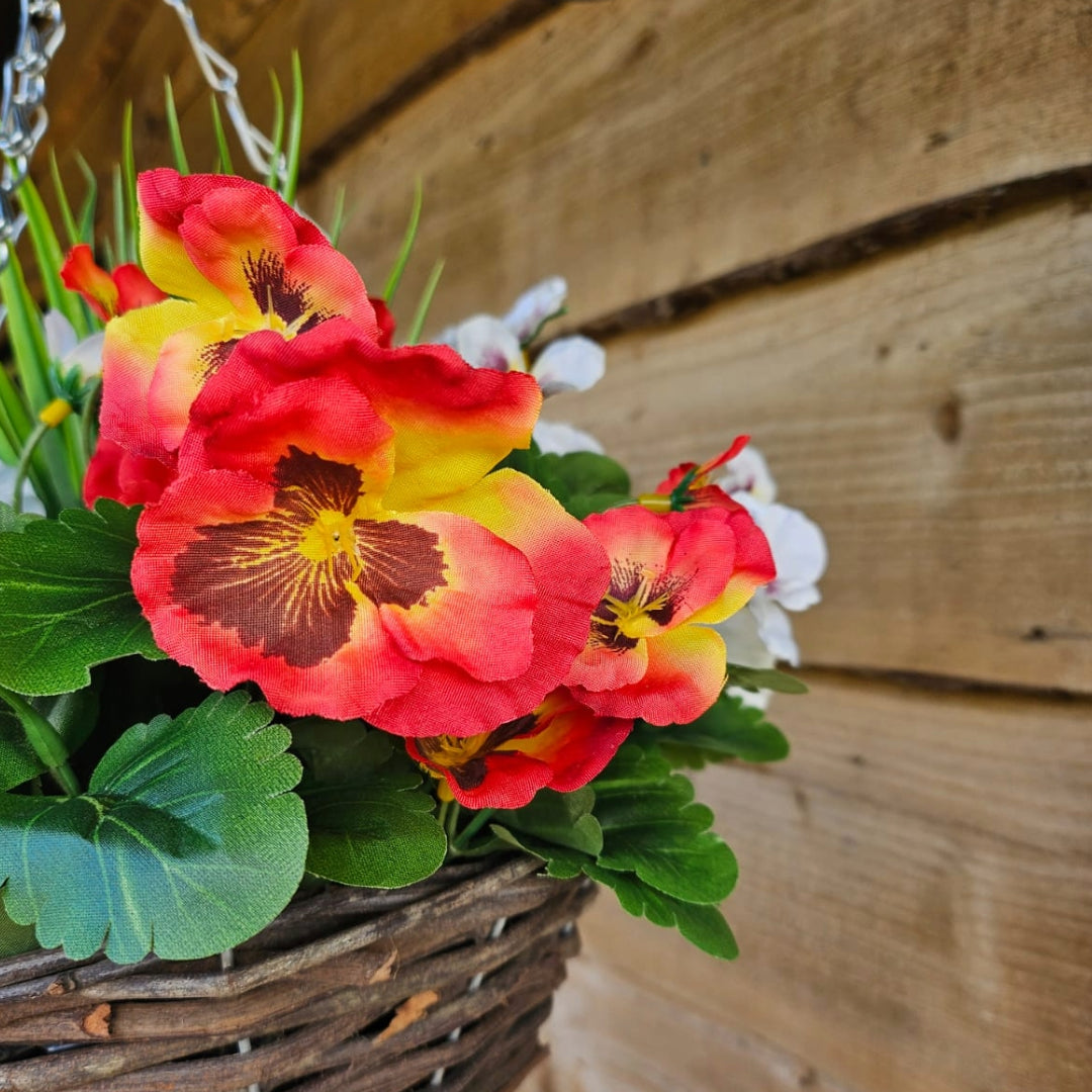 Pair of Best Artificial 30cm Pansy Flower Displays in 10" Wicker Rattan Cone Baskets - Suitable for Outdoor, Indoor and Garden (Flame Red & White)