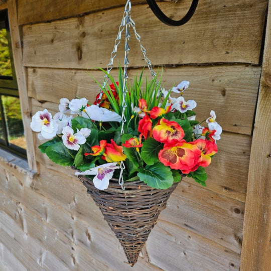 Pair of Best Artificial 30cm Pansy Flower Displays in 10" Wicker Rattan Cone Baskets - Suitable for Outdoor, Indoor and Garden (Red & White)