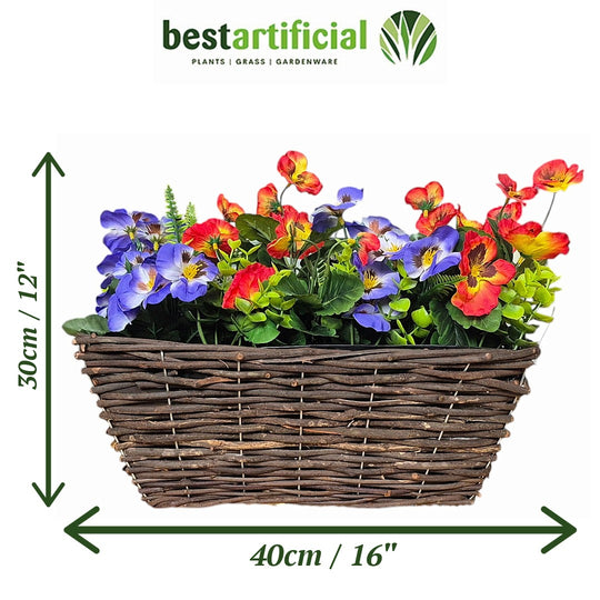 Best Artificial Pre-Made 40cm Pansy Flower Arrangement in Rattan Wicker Trough Pot - Suitable For Outside Use