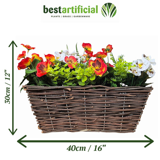 Best Artificial Pre-Made 40cm Pansy Flower Arrangement in Rattan Wicker Trough Pot - Suitable For Outside Use