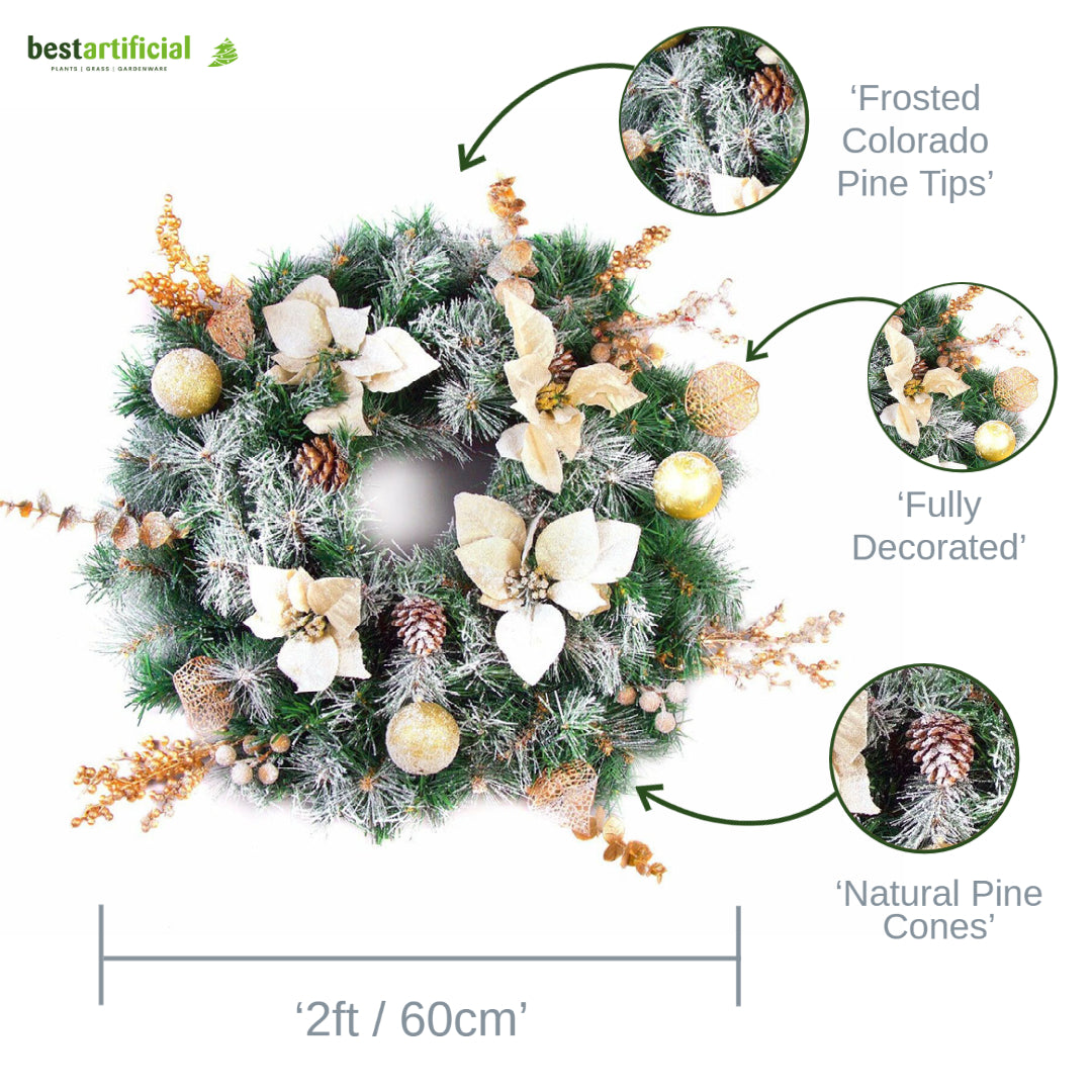 Best Artificial 60cm Frosted Red or Gold Outdoor Christmas Wreath