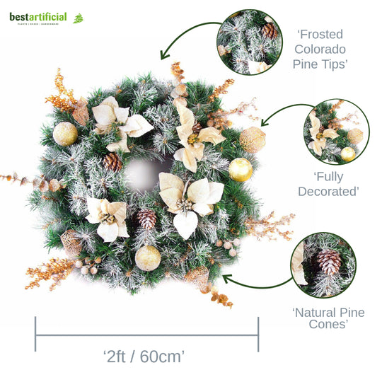 Best Artificial 60cm Frosted Red or Gold Outdoor Christmas Wreath