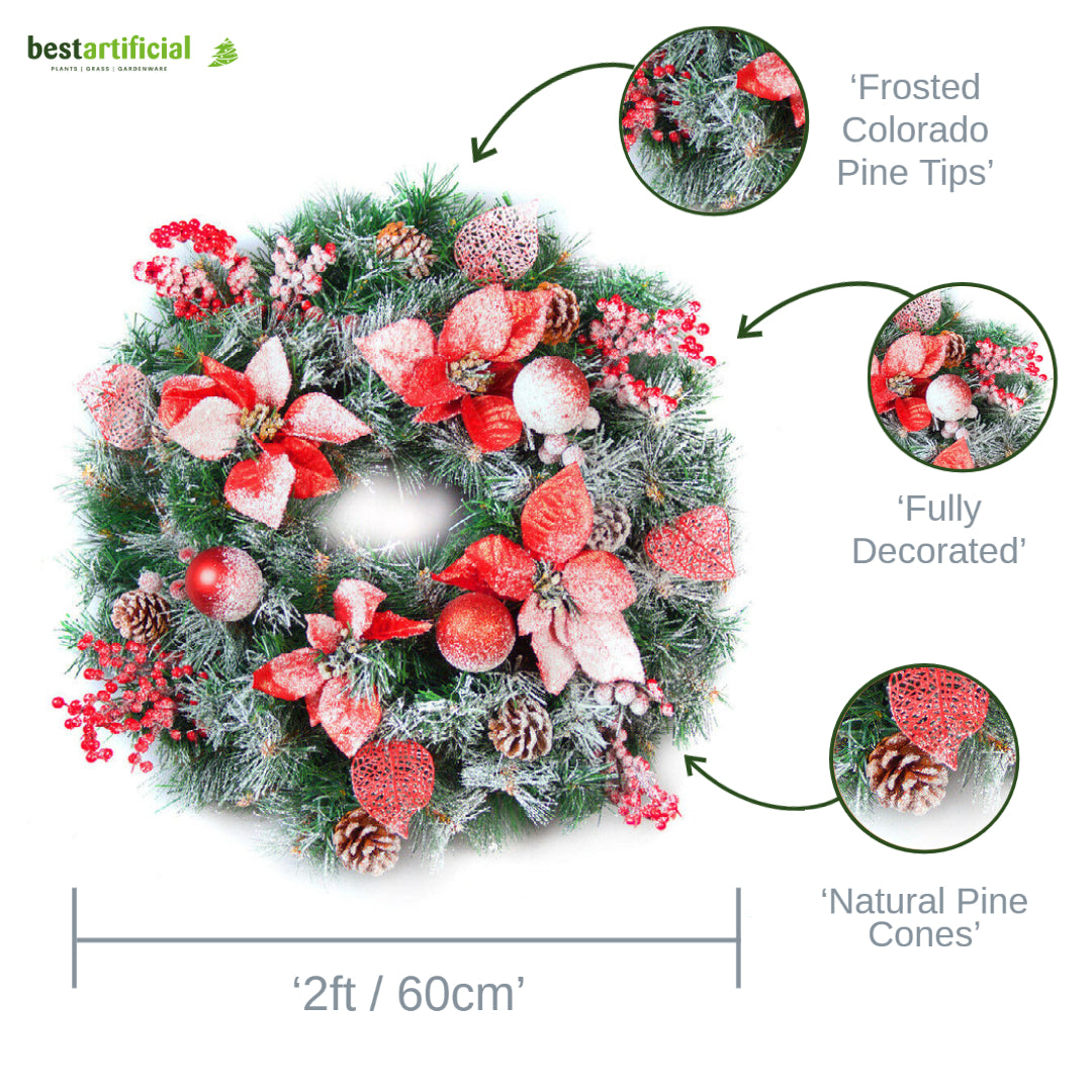 Best Artificial 60cm Frosted Red or Gold Outdoor Christmas Wreath