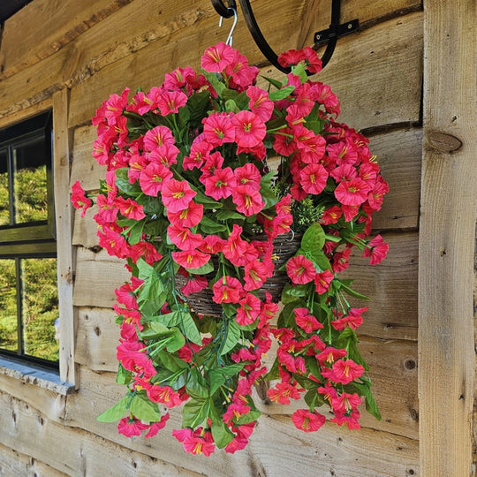 Best Artificial 60cm Morning Glory Flower Display in 10" Round Wicker Rattan Basket - Suitable for Outdoor, Indoor and Garden (Fuchsia)