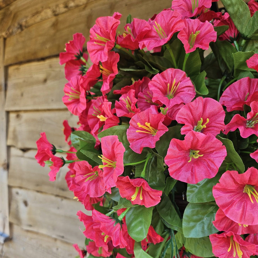 Best Artificial 60cm Morning Glory Flower Display in 10" Round Wicker Rattan Basket - Suitable for Outdoor, Indoor and Garden (Fuchsia)
