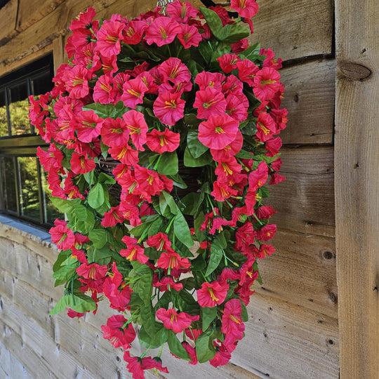 Best Artificial 60cm Morning Glory Flower Display in 10" Round Wicker Rattan Basket - Suitable for Outdoor, Indoor and Garden (Fuchsia)