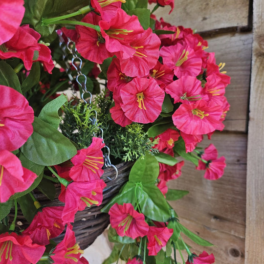 Best Artificial 60cm Morning Glory Flower Display in 10" Round Wicker Rattan Basket - Suitable for Outdoor, Indoor and Garden (Fuchsia)