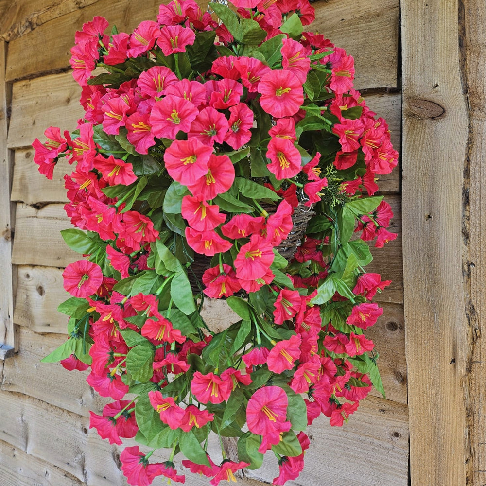 Best Artificial 60cm Morning Glory Flower Display in 10" Round Wicker Rattan Basket - Suitable for Outdoor, Indoor and Garden (Fuchsia)