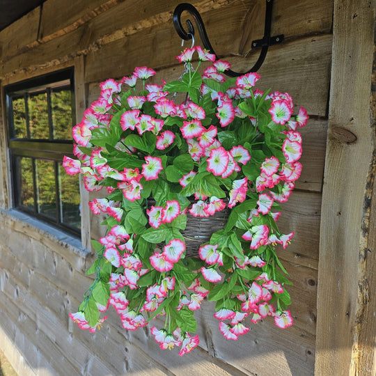 Best Artificial 60cm Morning Glory Flower Display in 10" Round Wicker Rattan Basket - Suitable for Outdoor, Indoor and Garden (Fuchsia & White)