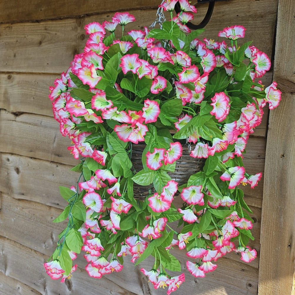 Best Artificial 60cm Morning Glory Flower Display in 10" Round Wicker Rattan Basket - Suitable for Outdoor, Indoor and Garden (Fuchsia & White)