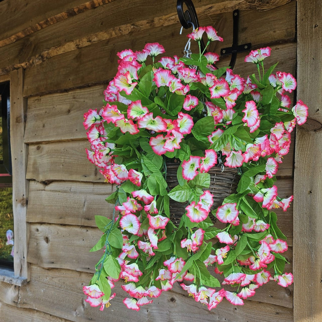 Best Artificial 60cm Morning Glory Flower Display in 10" Round Wicker Rattan Basket - Suitable for Outdoor, Indoor and Garden (Fuchsia & White)