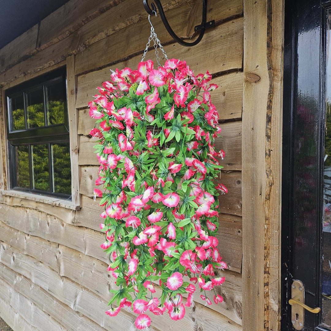 Best Artificial 75cm Morning Glory Flower Display in 10" Round Wicker Rattan Basket - Suitable for Indoor and Garden (Fuchsia & White)