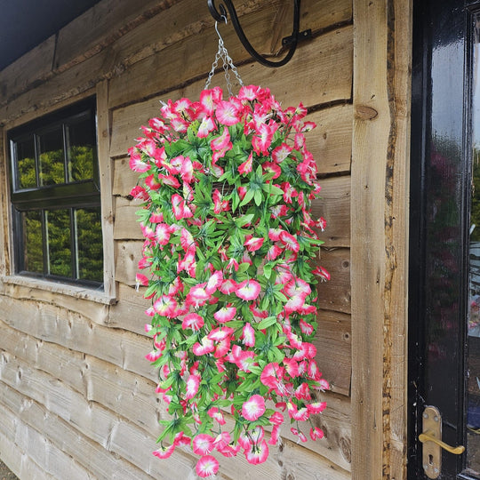 Best Artificial 75cm Morning Glory Flower Display in 10" Round Wicker Rattan Basket - Suitable for Indoor and Garden (Fuchsia & White)