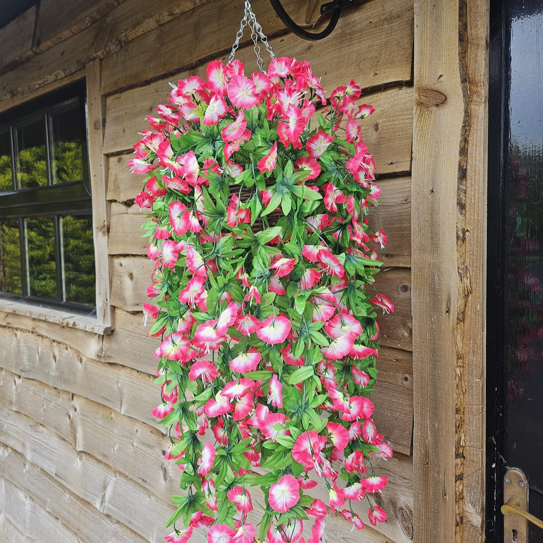 Best Artificial 75cm Morning Glory Flower Display in 10" Round Wicker Rattan Basket - Suitable for Indoor and Garden (Fuchsia & White)