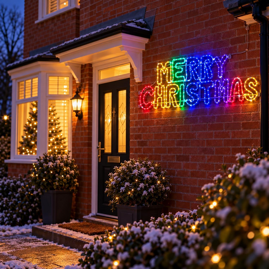 Multicolour Merry Christmas sign on a UK brick house at Christmas