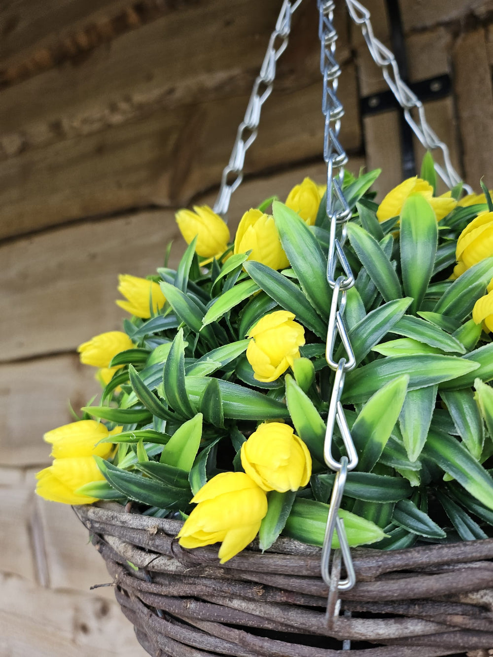 Best Artificial 28cm Tulip Flower Display in 10" Wicker Rattan Basket - Suitable for Outdoor, Indoor and Garden (Yellow)