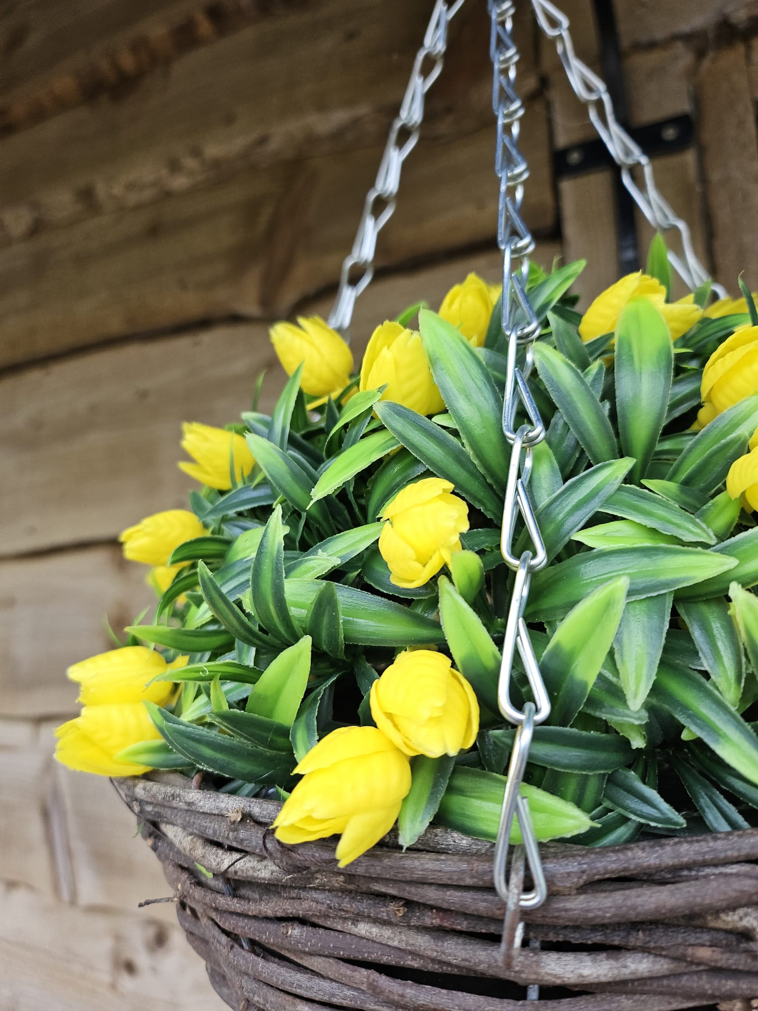 Best Artificial 28cm Tulip Flower Display in 10" Wicker Rattan Basket - Suitable for Outdoor, Indoor and Garden (Yellow)