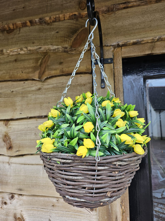 Best Artificial 28cm Tulip Flower Display in 10" Wicker Rattan Basket - Suitable for Outdoor, Indoor and Garden (Yellow)