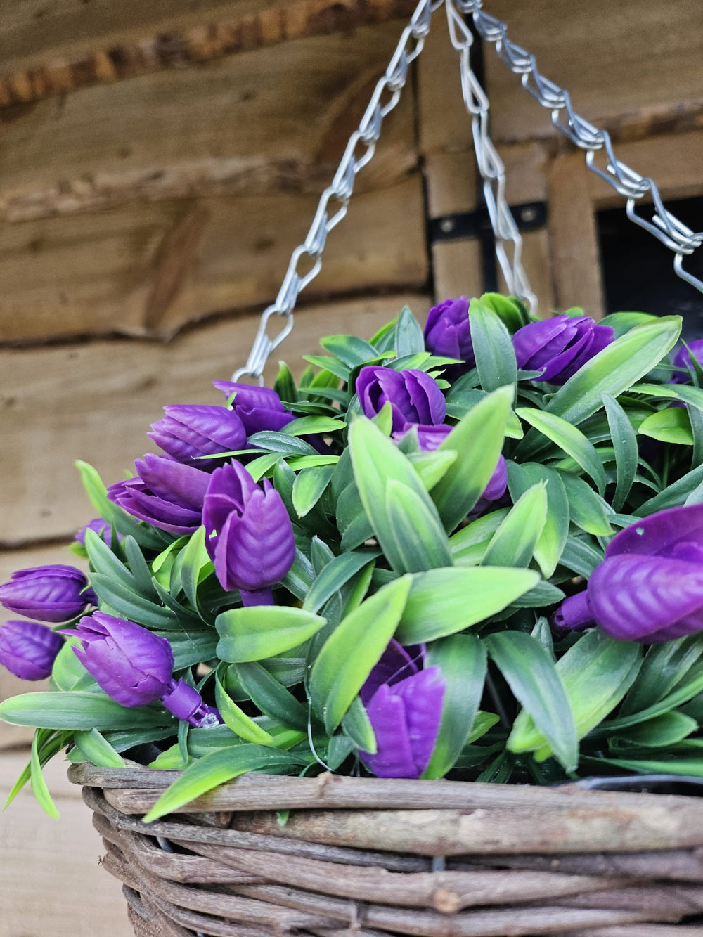 Best Artificial 28cm Tulip Flower Display in 10" Wicker Rattan Basket - Suitable for Outdoor, Indoor and Garden (Purple)