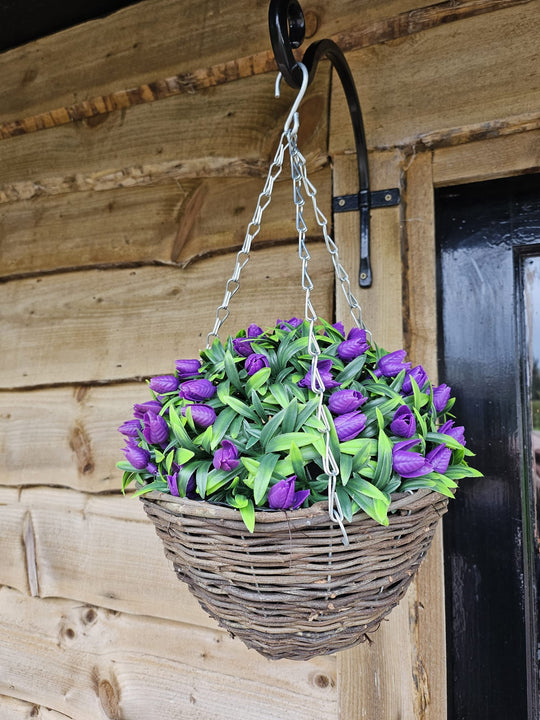 Best Artificial 28cm Tulip Flower Display in 10" Wicker Rattan Basket - Suitable for Outdoor, Indoor and Garden (Purple)