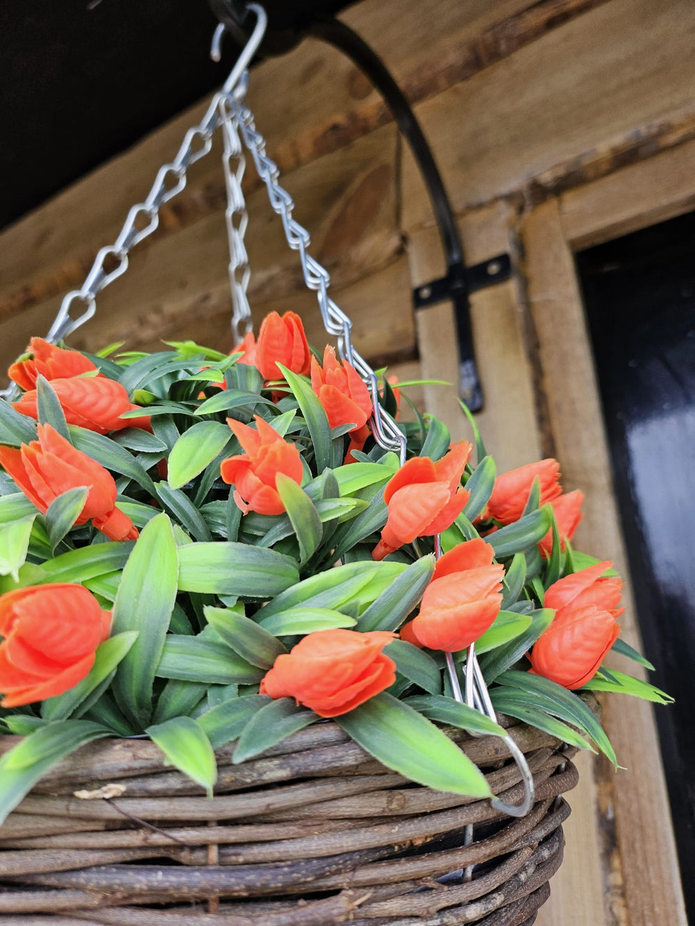 Best Artificial 28cm Tulip Flower Display in 10" Wicker Rattan Basket - Suitable for Outdoor, Indoor and Garden (Orange)