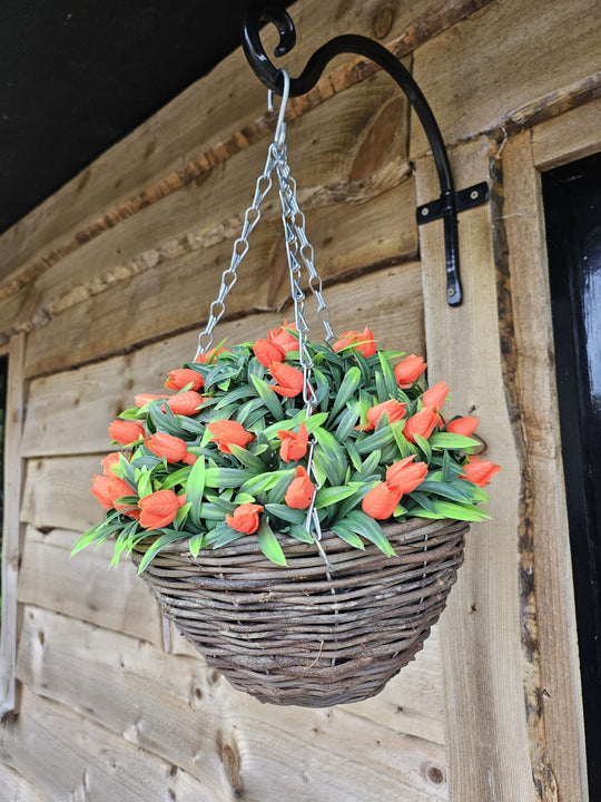 Best Artificial 28cm Tulip Flower Display in 10" Wicker Rattan Basket - Suitable for Outdoor, Indoor and Garden (Orange)